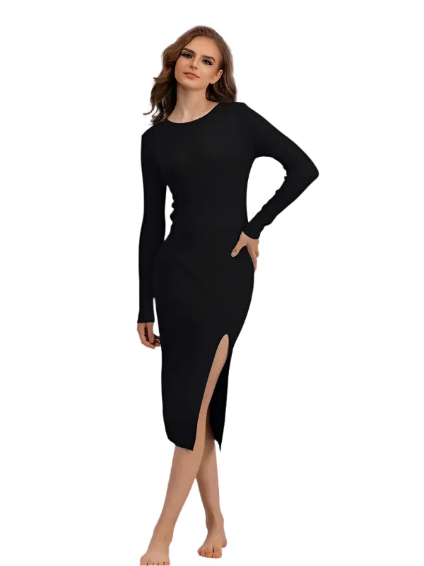 Elegant Winter Long Sleeve Knit Sweater Dress - Warm Bodycon Midi Pullover for Women