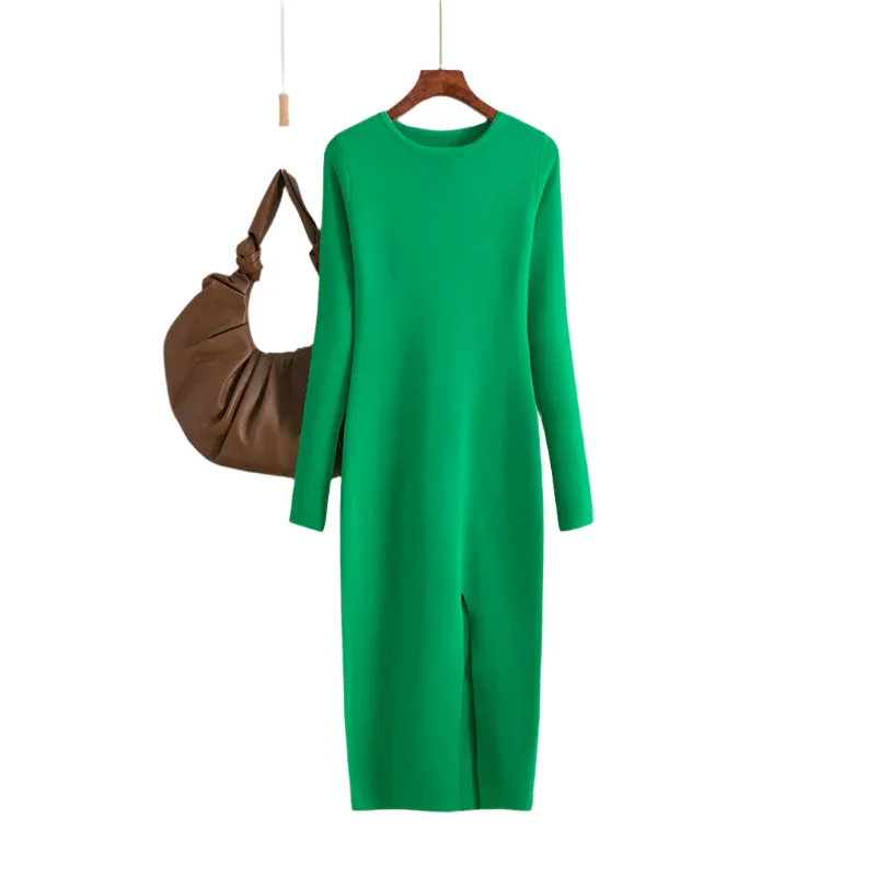 Elegant Winter Long Sleeve Knit Sweater Dress - Warm Bodycon Midi Pullover for Women