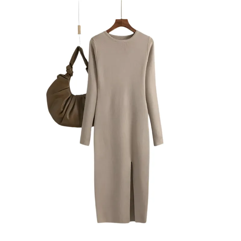 Elegant Winter Long Sleeve Knit Sweater Dress - Warm Bodycon Midi Pullover for Women