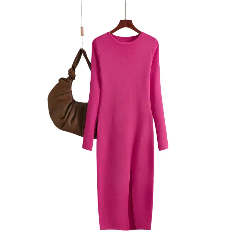 Elegant Winter Long Sleeve Knit Sweater Dress - Warm Bodycon Midi Pullover for Women