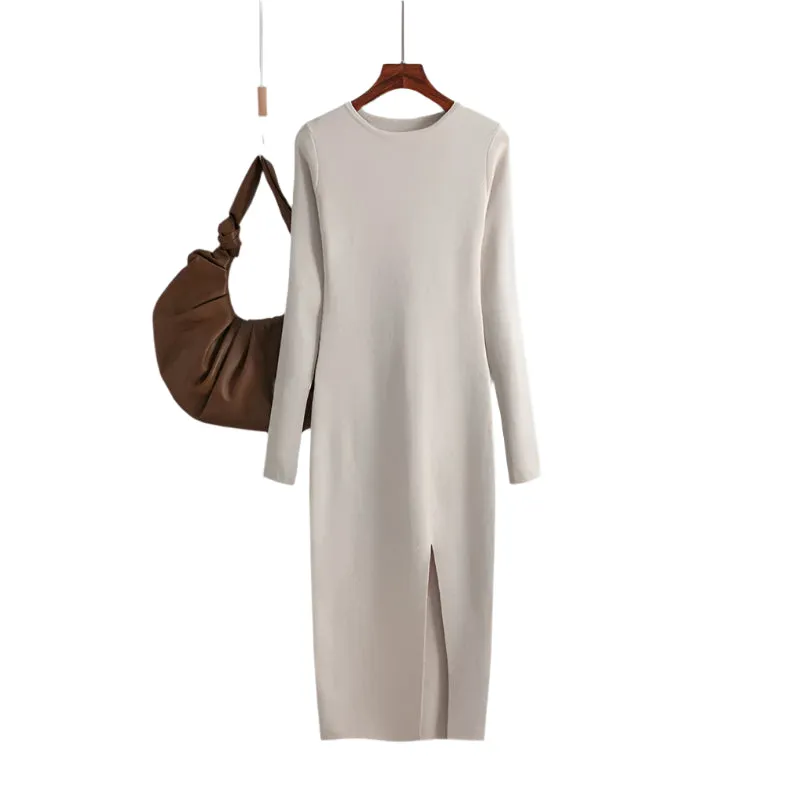 Elegant Winter Long Sleeve Knit Sweater Dress - Warm Bodycon Midi Pullover for Women