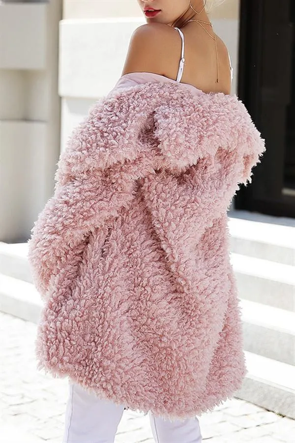 elveswallet Casual Pink Faux Fur Long Coat