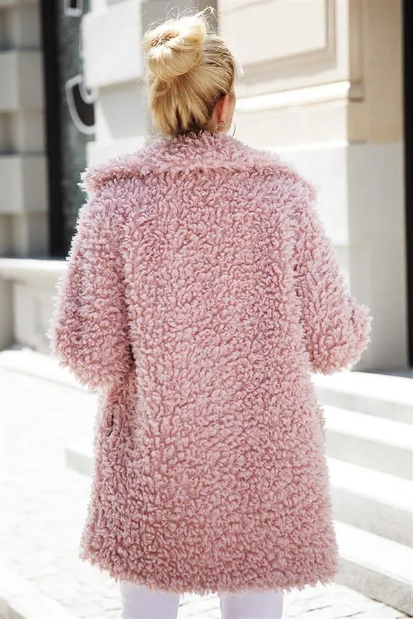 elveswallet Casual Pink Faux Fur Long Coat