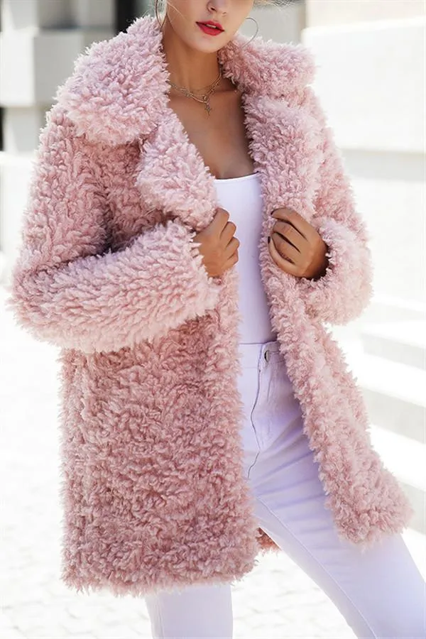 elveswallet Casual Pink Faux Fur Long Coat