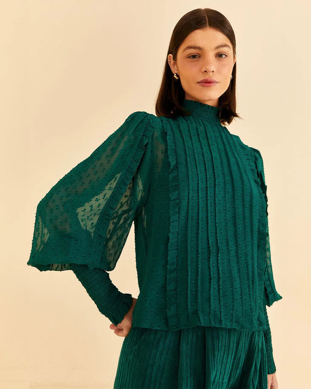 Emerald Ruffled Long Sleeve Blouse