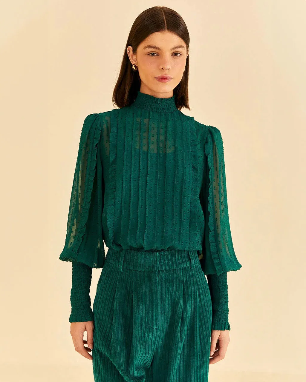 Emerald Ruffled Long Sleeve Blouse