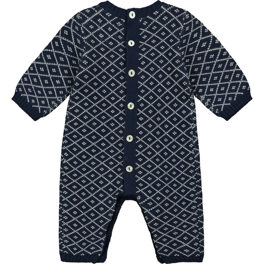 Everett Navy Chevron Knit All in One Babygrow and Hat Set