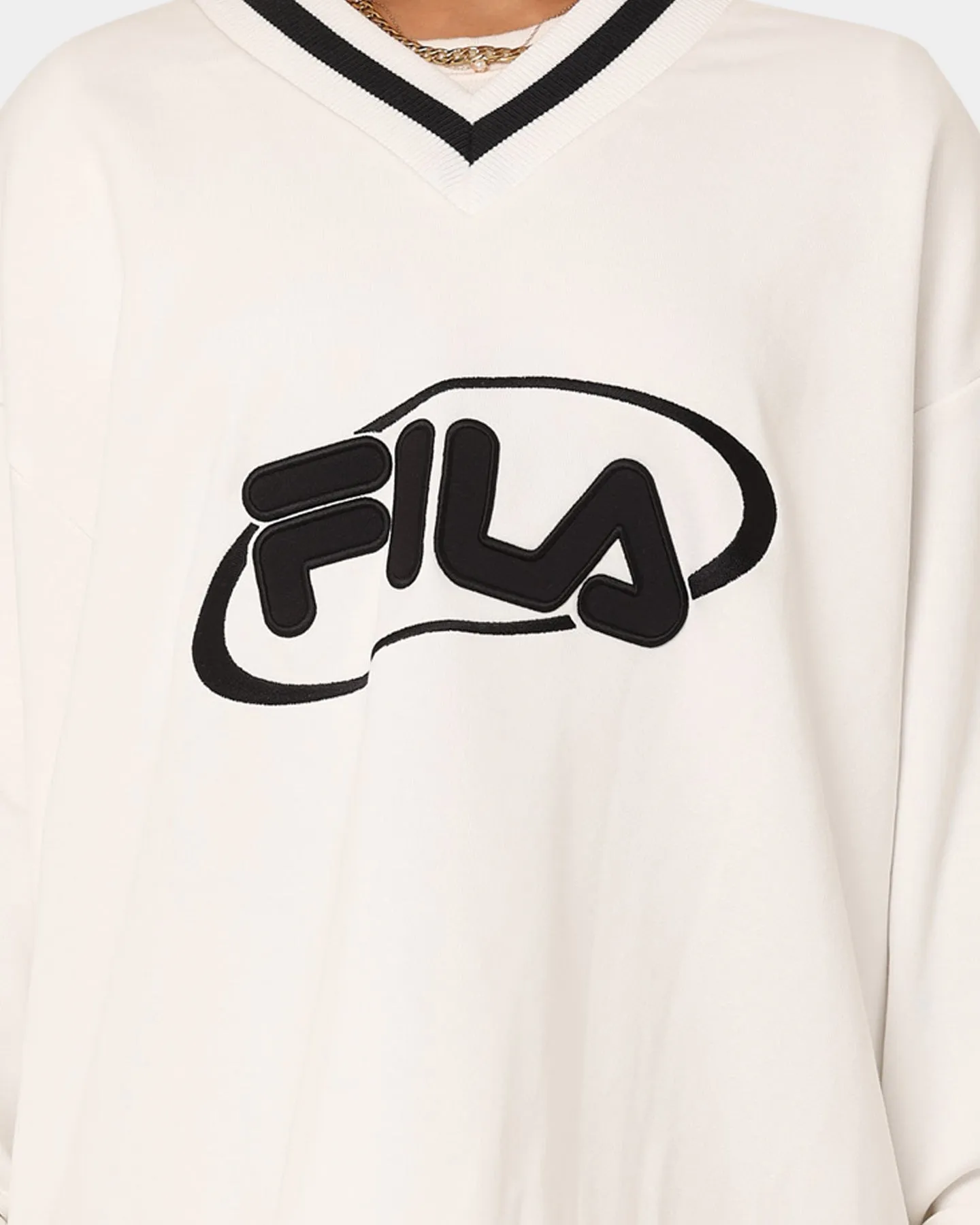 Fila Women's Heritage Oversized V-Neck Crewneck Cream