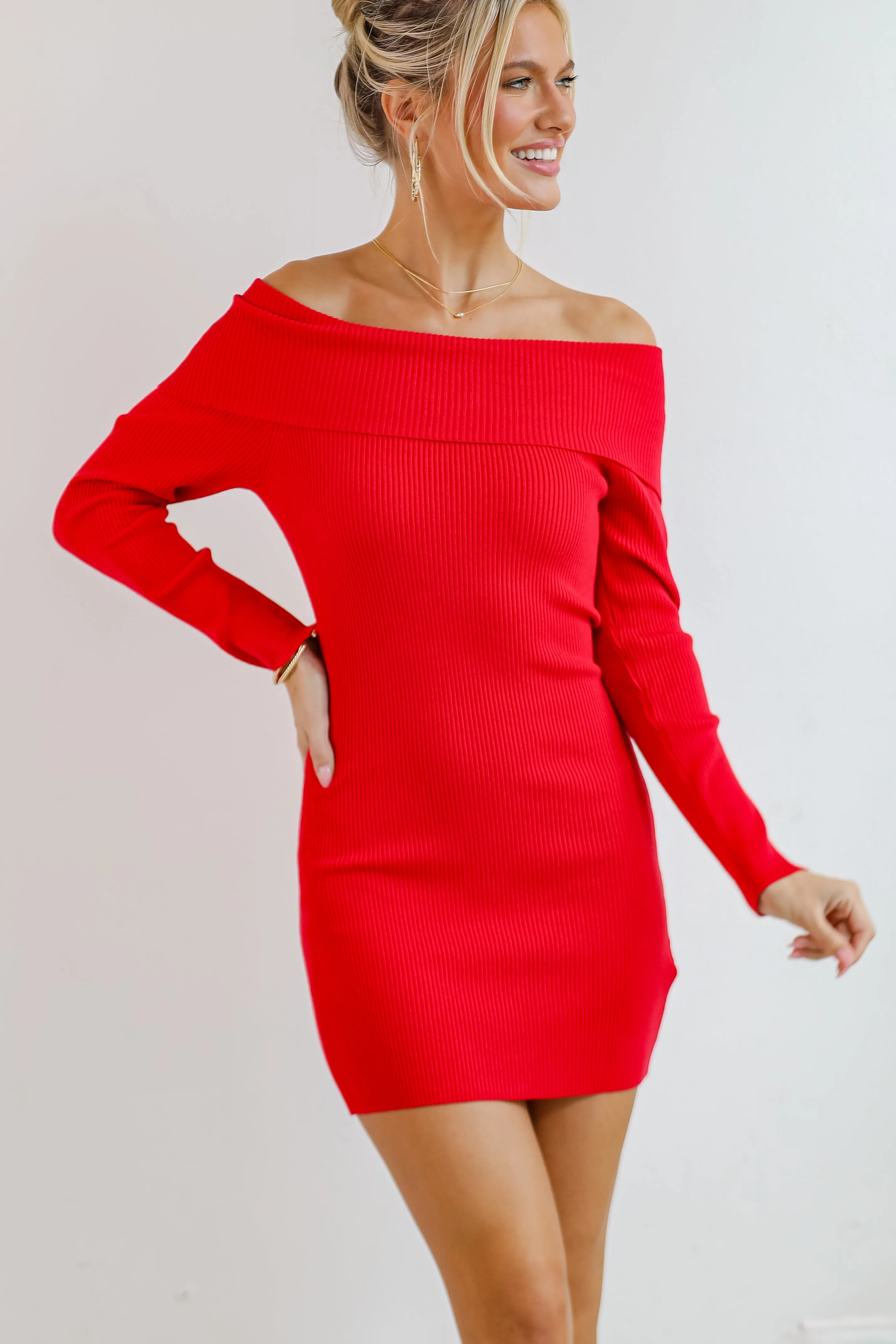 FINAL SALE - Touchdown Season Off-The-Shoulder Mini Sweater Dress