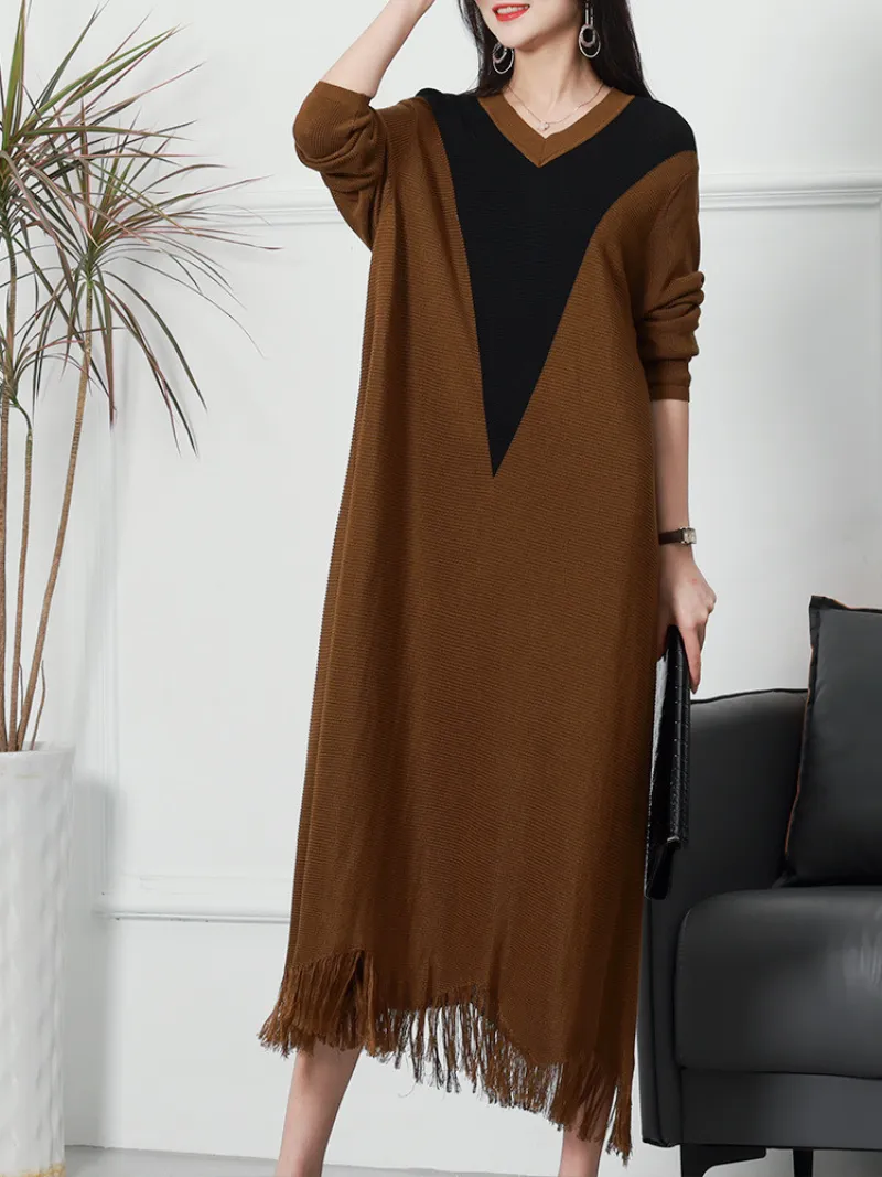 Fit Flare Loose Round Neck Knitted Midi-Dress