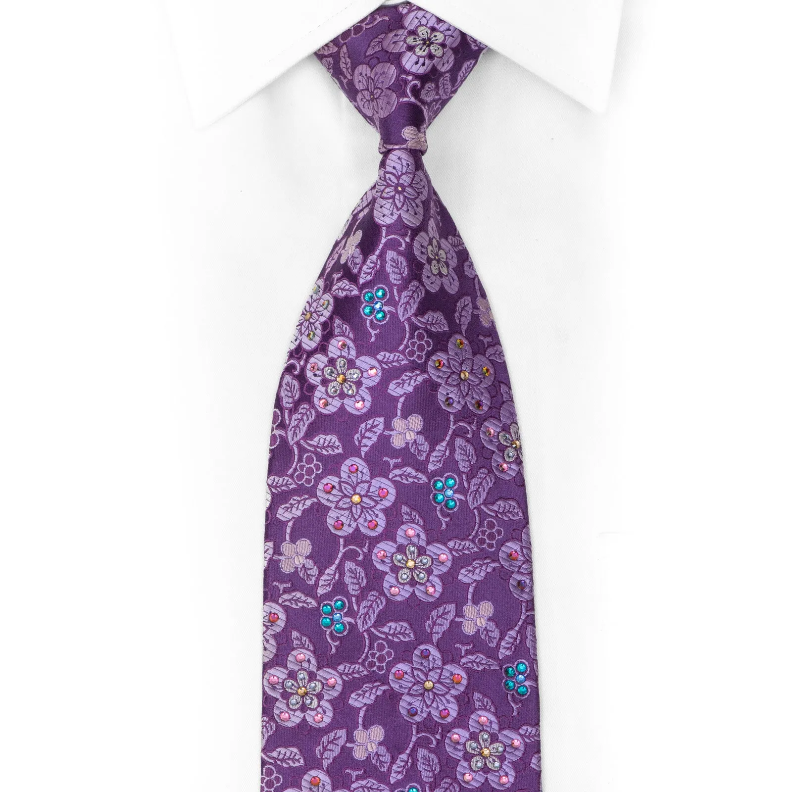 Floral On Purple Rhinestone Silk Necktie