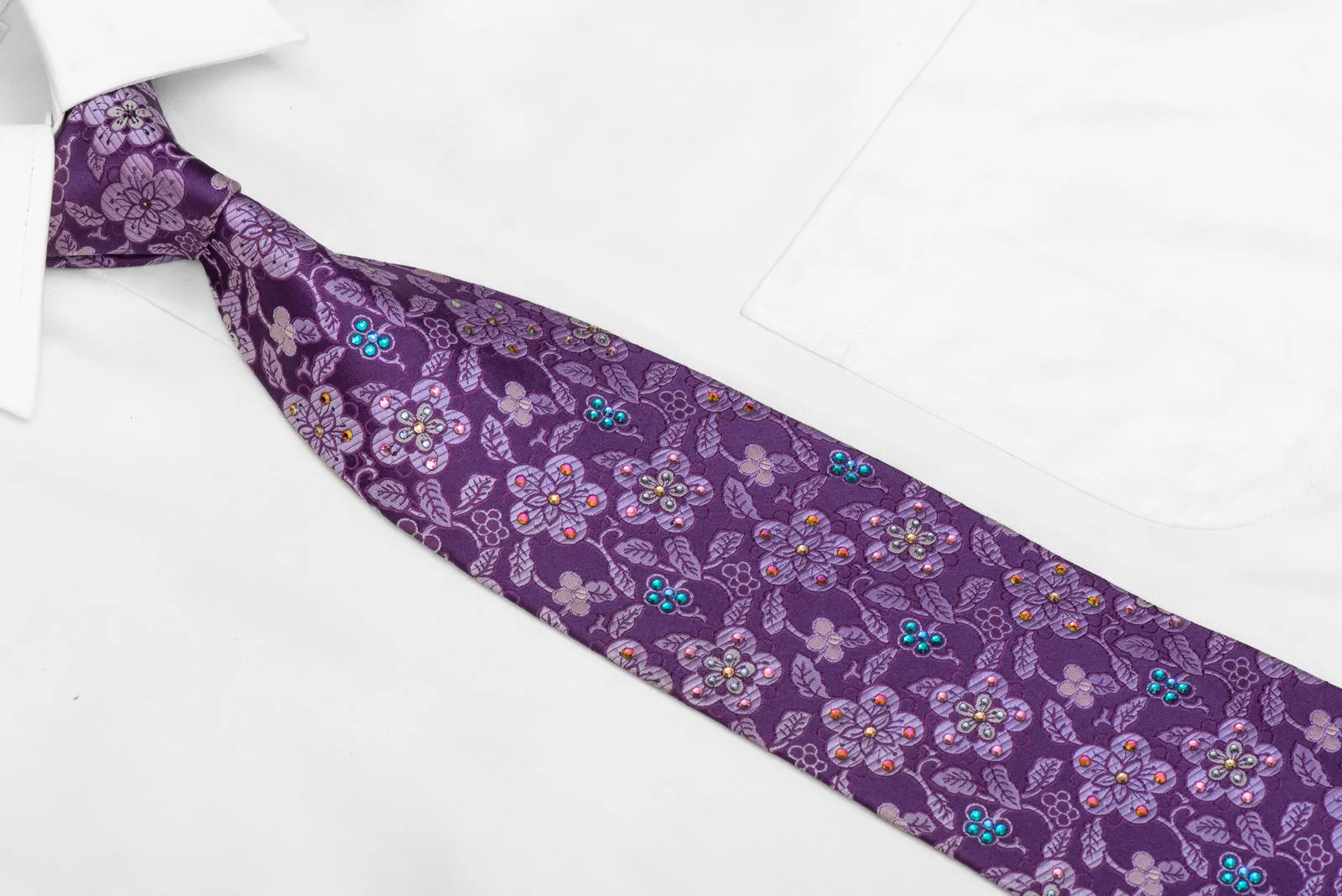 Floral On Purple Rhinestone Silk Necktie