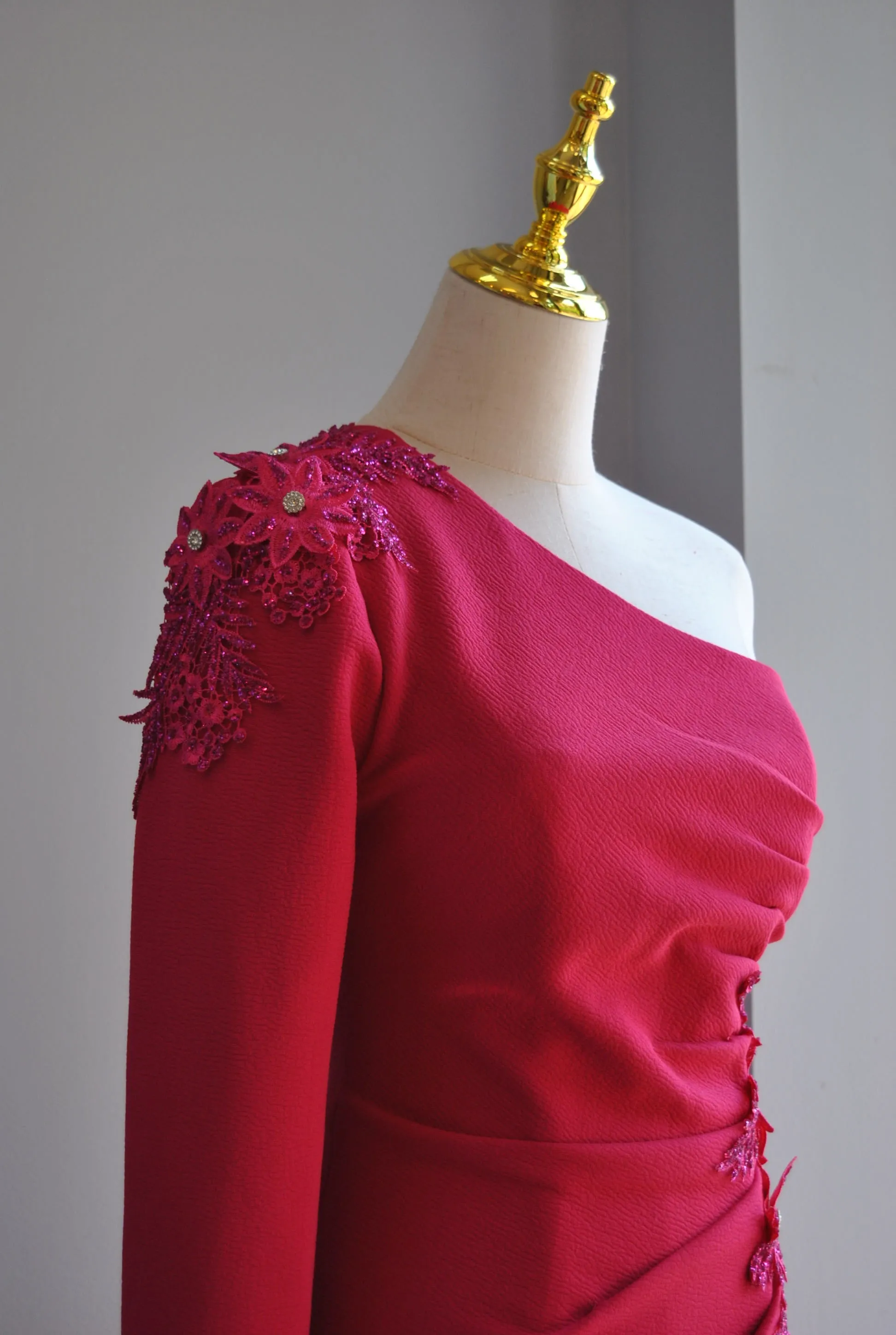 FUCHSIA LONG ASYMMETRIC DRESS WITH CRYSTALS