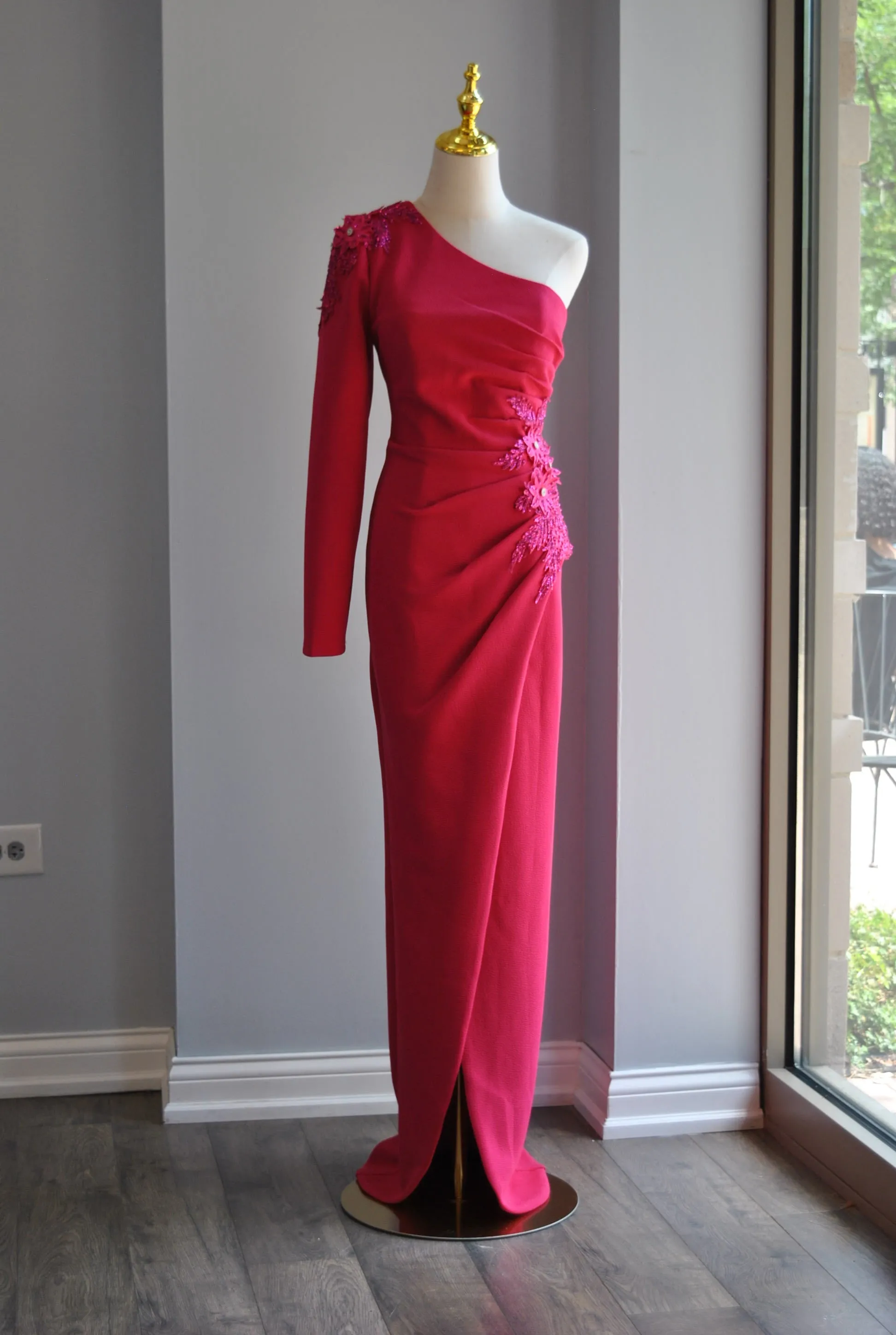 FUCHSIA LONG ASYMMETRIC DRESS WITH CRYSTALS