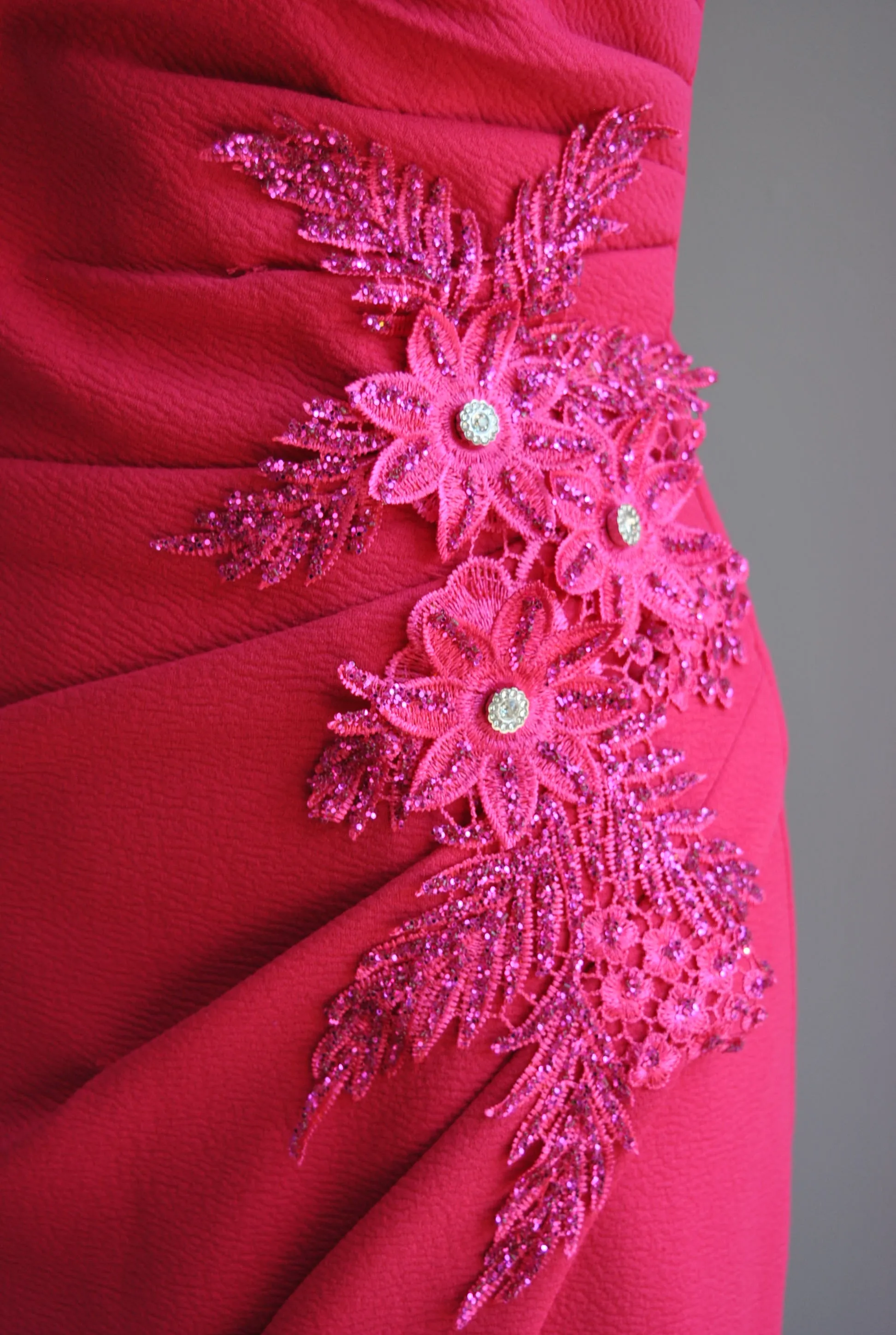 FUCHSIA LONG ASYMMETRIC DRESS WITH CRYSTALS