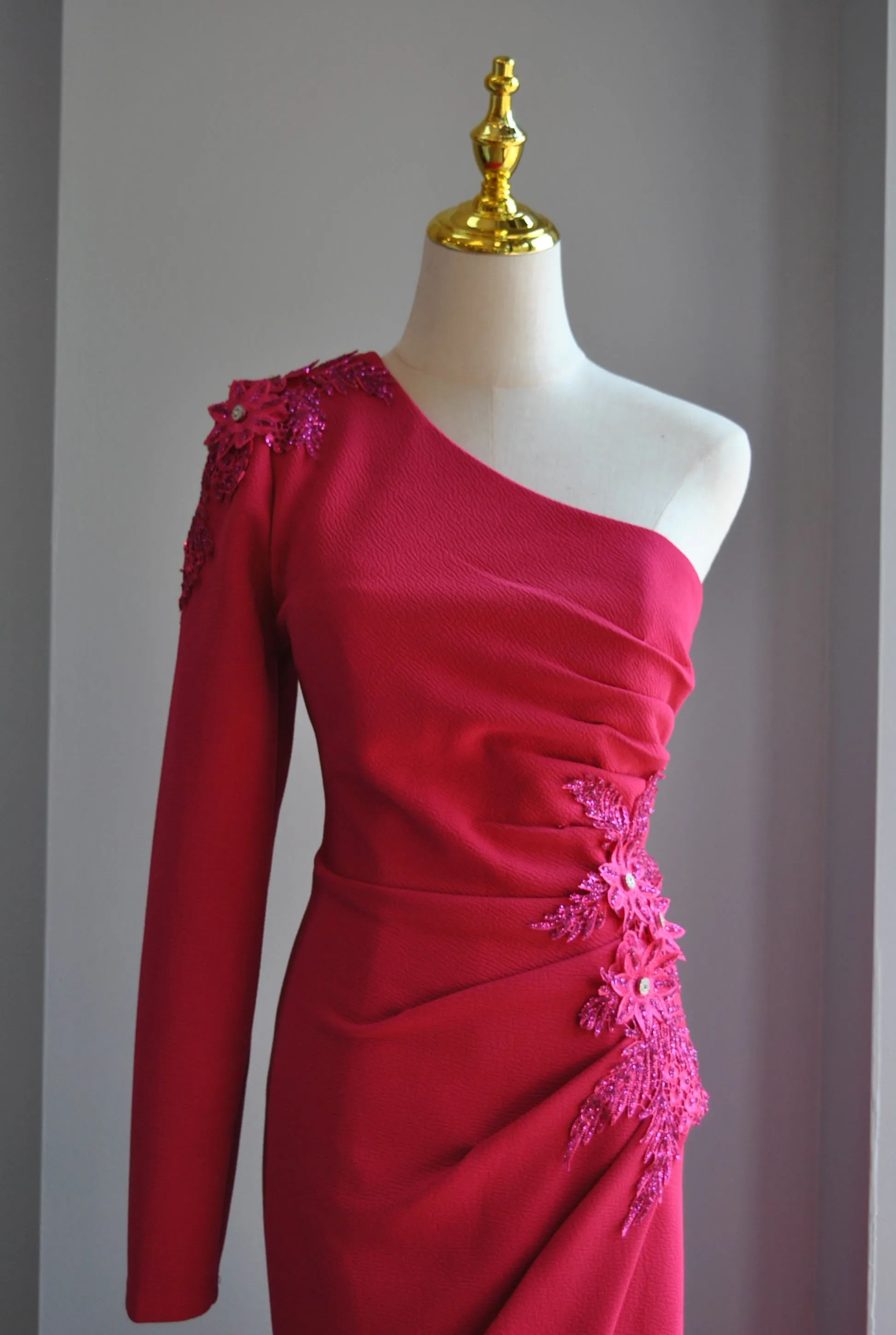 FUCHSIA LONG ASYMMETRIC DRESS WITH CRYSTALS