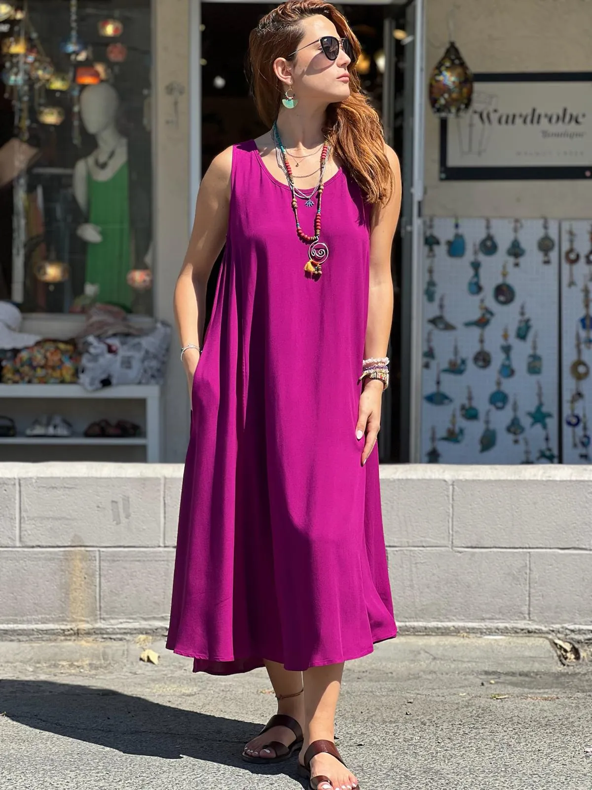 Fuchsia Pocket Detailed Viscose Dress