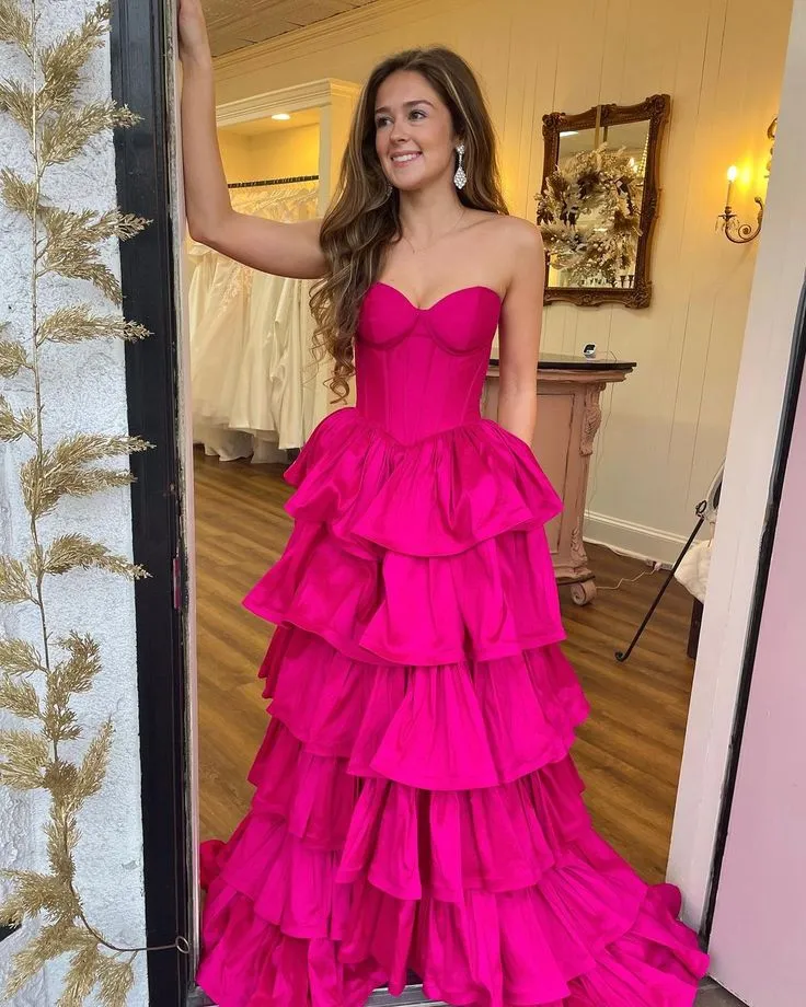 Fuchsia Ruffle Long Prom Dress Sweetheart Evening Gown         fg6343