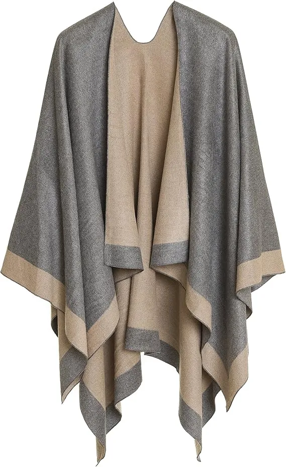 Gray-Navy Luxurious Knit Sweater Poncho Cardigan