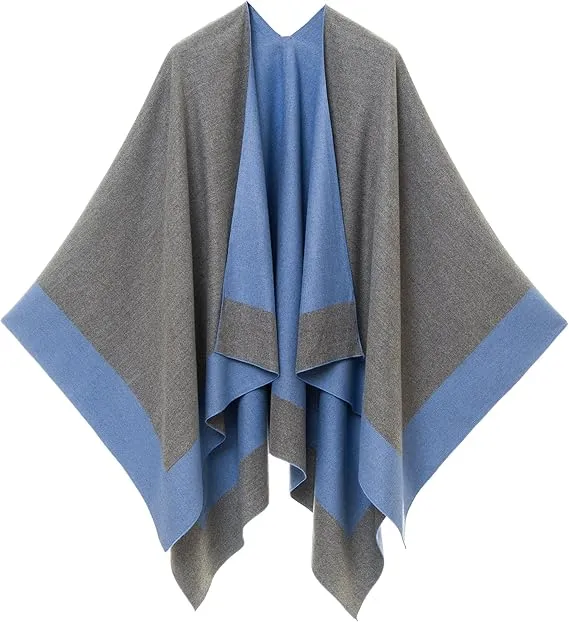 Gray-Navy Luxurious Knit Sweater Poncho Cardigan