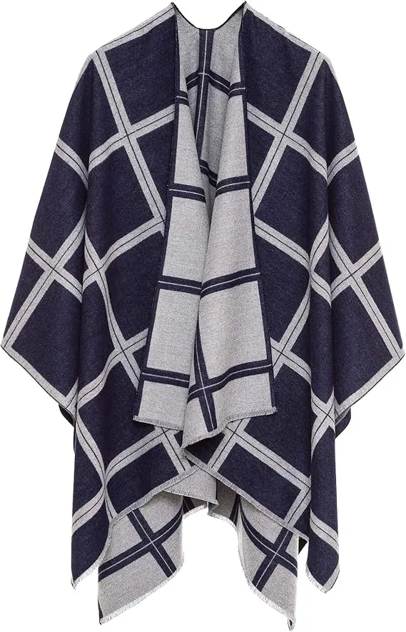 Gray-Navy Luxurious Knit Sweater Poncho Cardigan