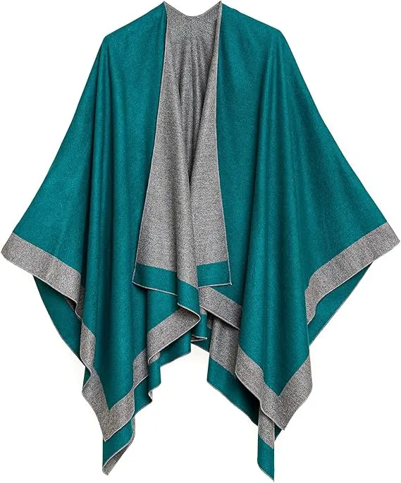 Gray-Navy Luxurious Knit Sweater Poncho Cardigan