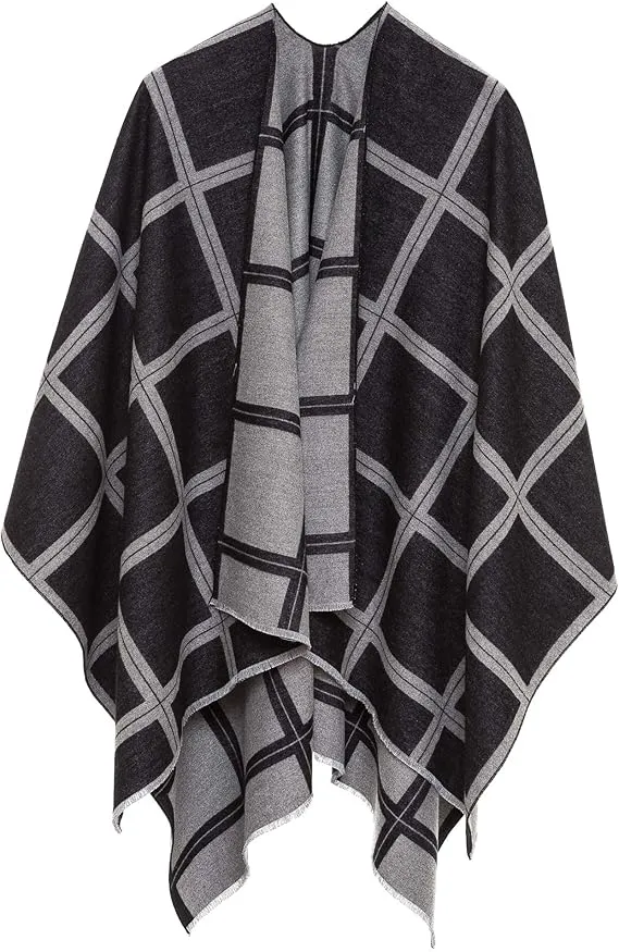 Gray-Navy Luxurious Knit Sweater Poncho Cardigan