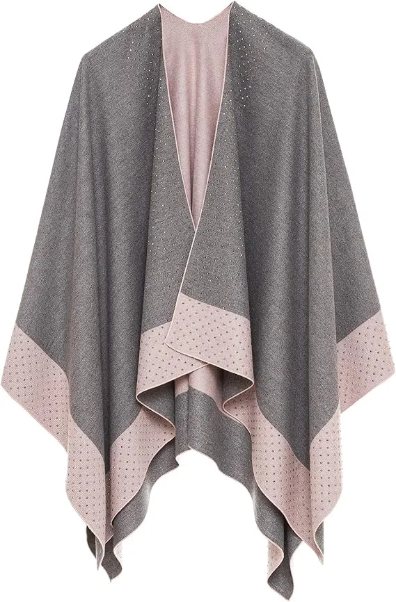 Gray-Navy Luxurious Knit Sweater Poncho Cardigan