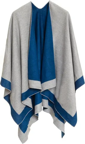 Gray-Navy Luxurious Knit Sweater Poncho Cardigan