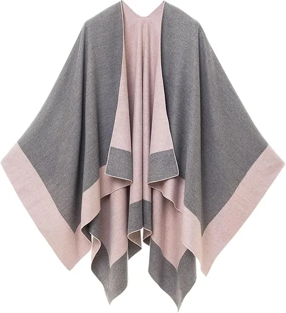 Gray-Navy Luxurious Knit Sweater Poncho Cardigan