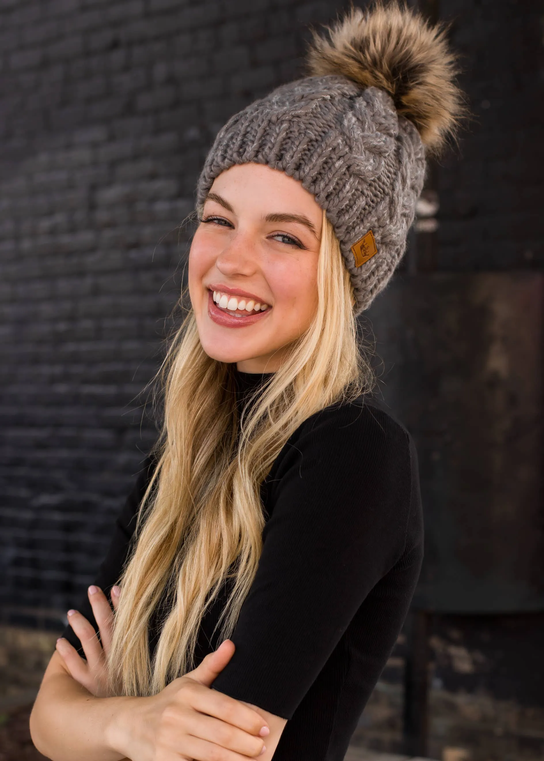 Grey Cable Knit Pom Hat