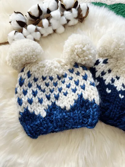 Hand knit FairIsle pompom hat | Handknit Baby beanie |Chunky Bear Double Pom Pom Hat | Knit winter hat | 6 - 12 months baby