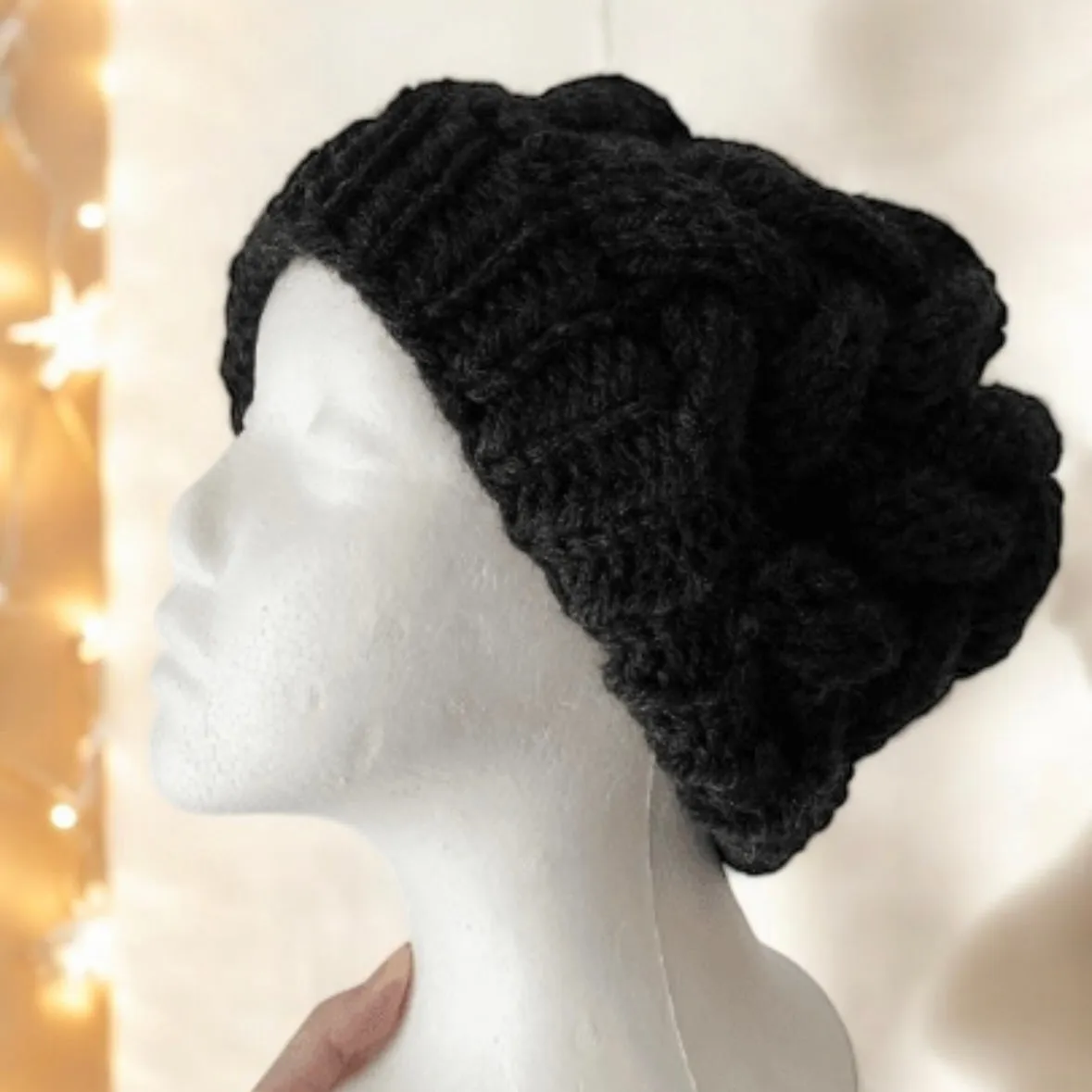 Handknit Chunky Cable Slouchy Beanie | Knit Beret | Slouchy Hat in black colour| Knit beanie in charcoal | Fluffy and cozy winter hat