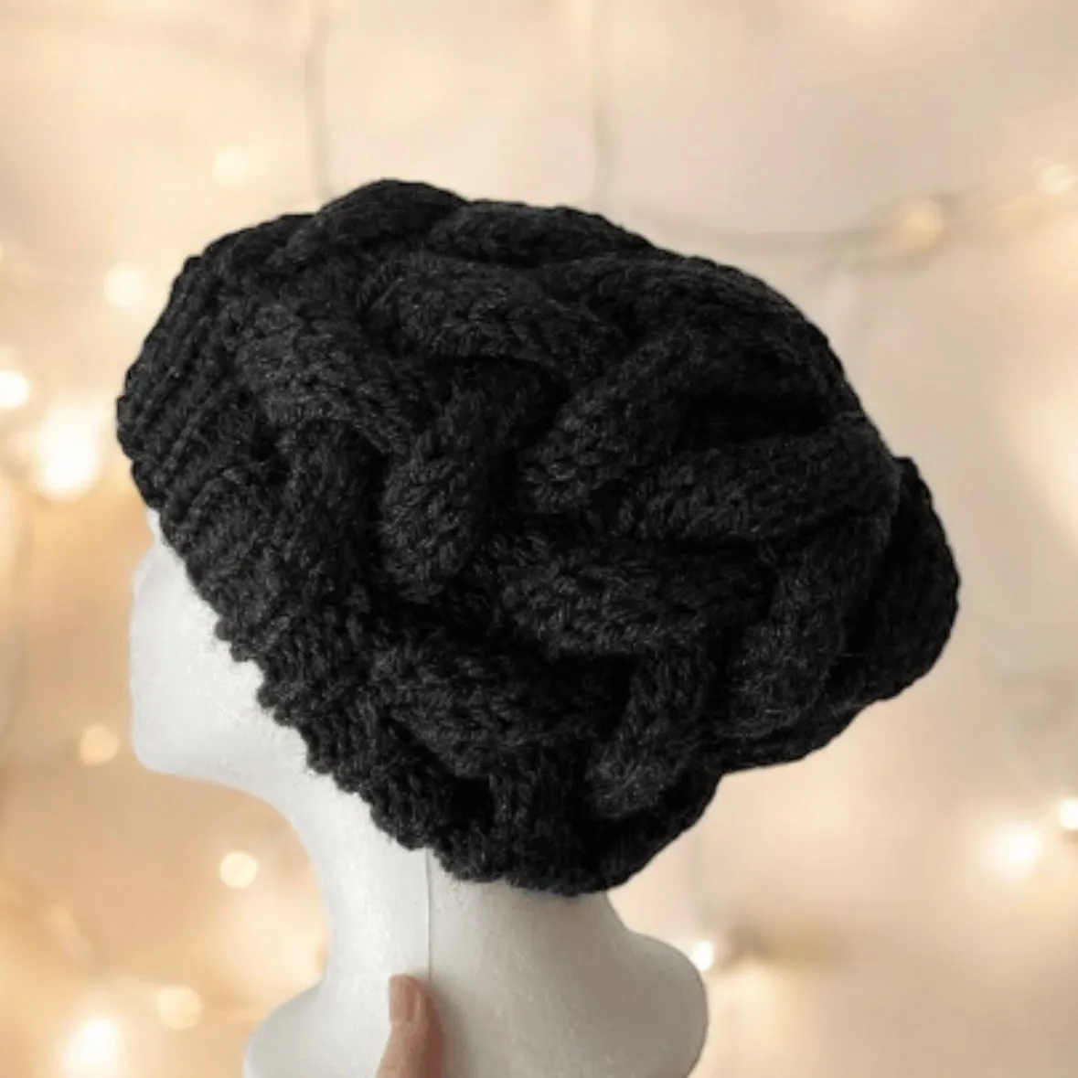 Handknit Chunky Cable Slouchy Beanie | Knit Beret | Slouchy Hat in black colour| Knit beanie in charcoal | Fluffy and cozy winter hat