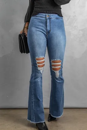 High Waist Raw Hem Button Ripped Flare Jeans