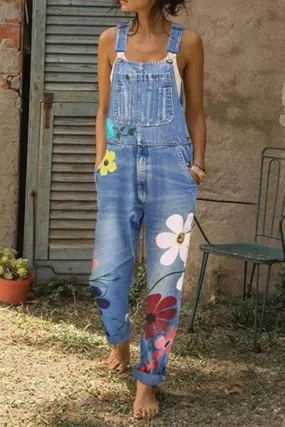 KittenAlarm -  Flower-printed Baggy Jeans With Suspenders(3 Colors)