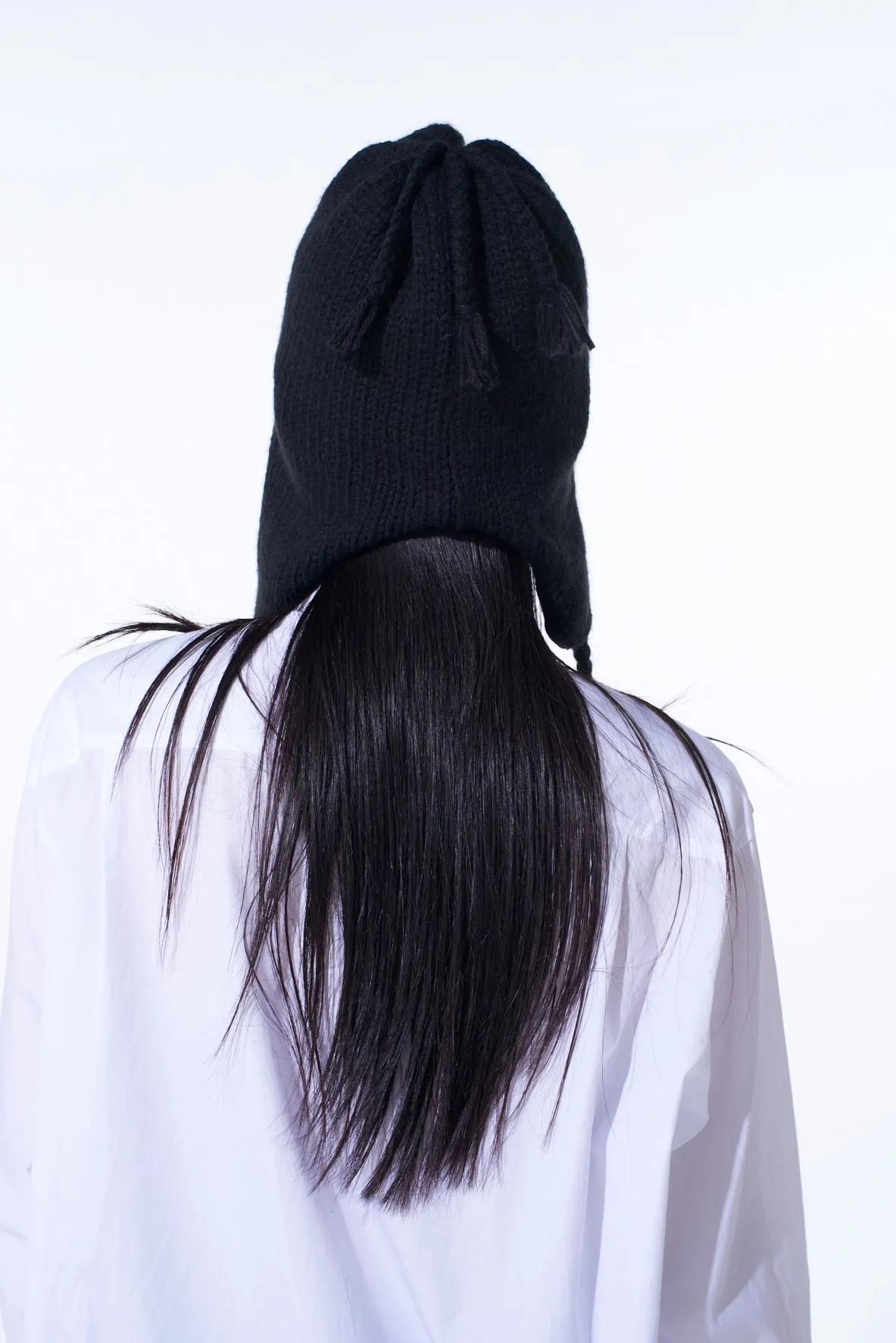 KNIT BEANIE WITH FRINGED EARPIECES