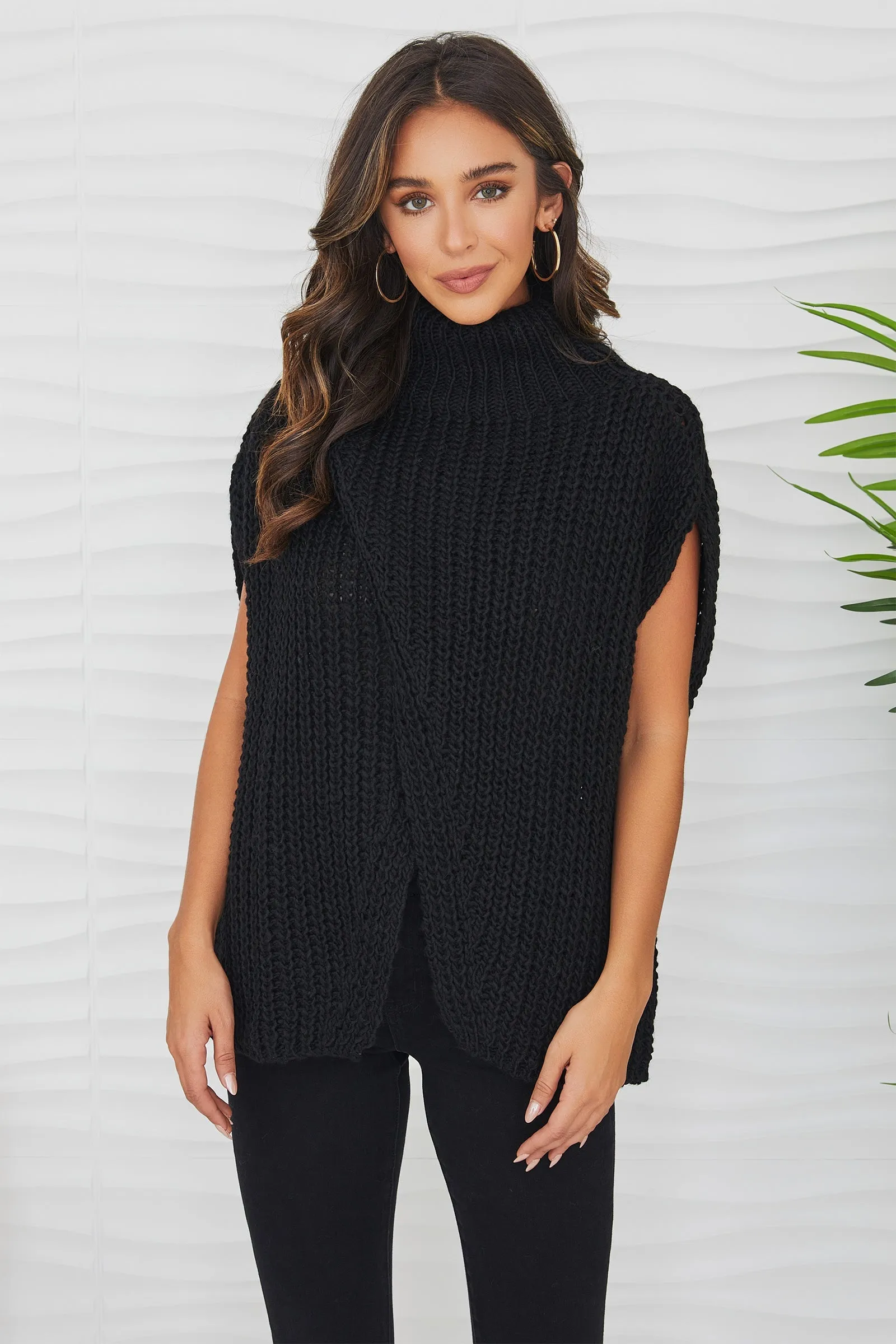 Knit Mock Neck Sleeveless Poncho- Black