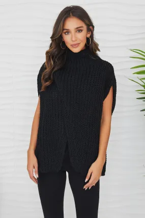 Knit Mock Neck Sleeveless Poncho- Black