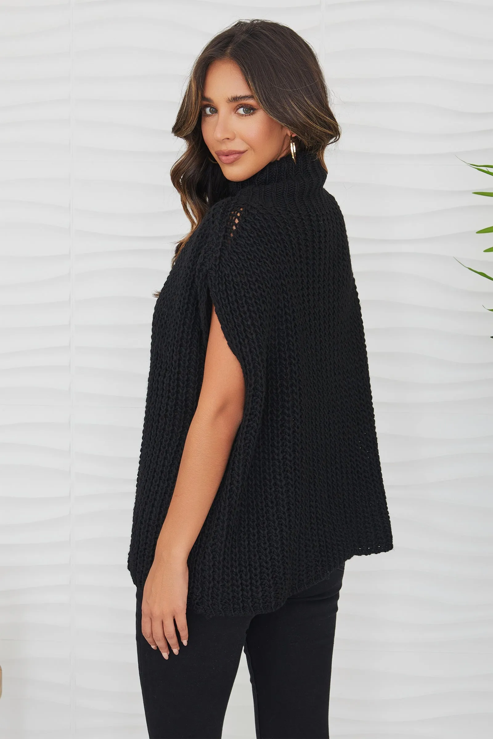 Knit Mock Neck Sleeveless Poncho- Black