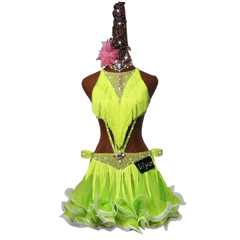 #L3131 Latin Dance Dress Competition Tassel Dress-Curled Edge Dance Skirt -Salsa-Rumba Costume