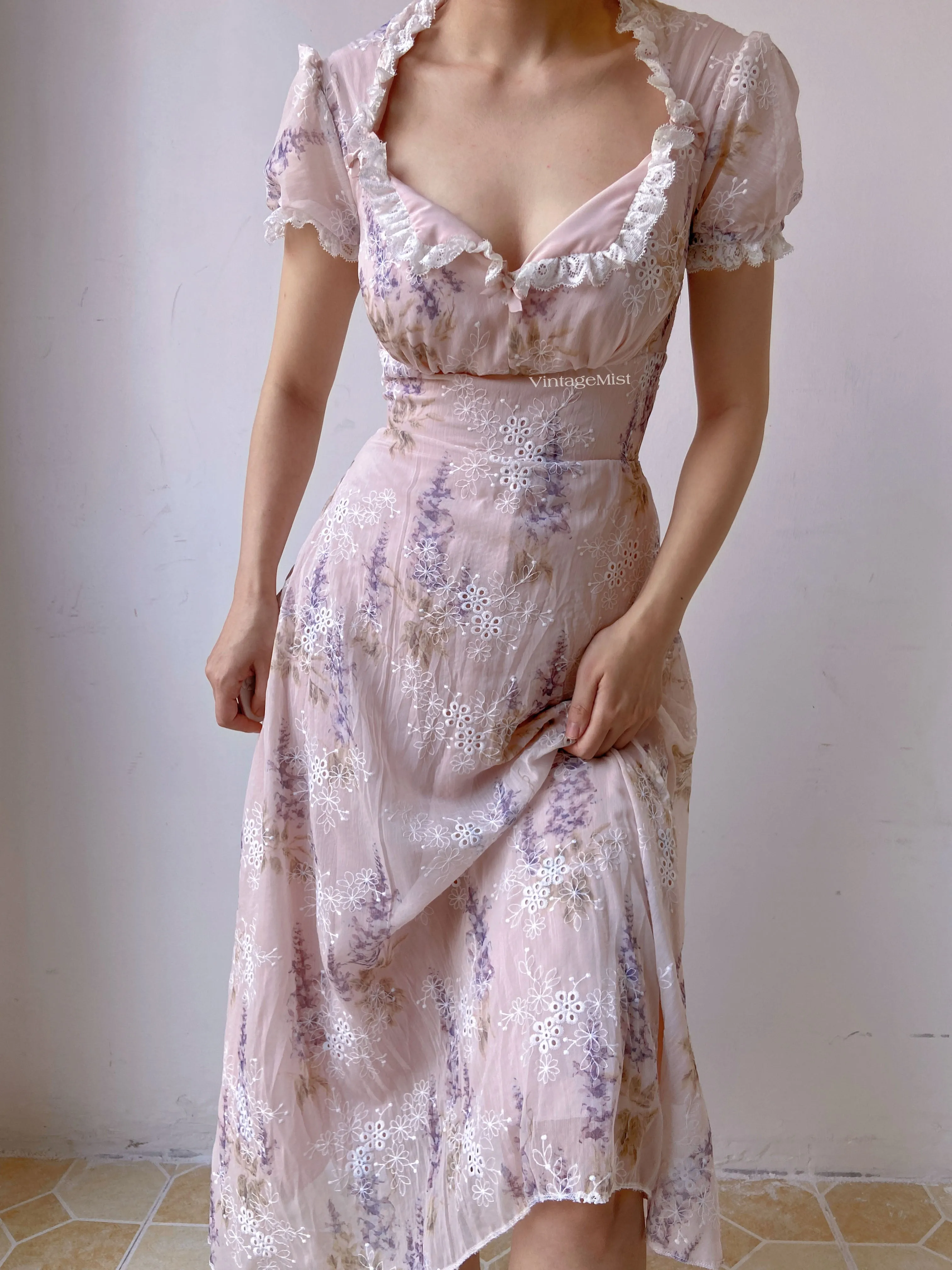 Lavender Embroidered Lace Trim Dress