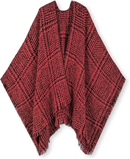 Light Red Winter Chic Plaid Poncho Cardigan