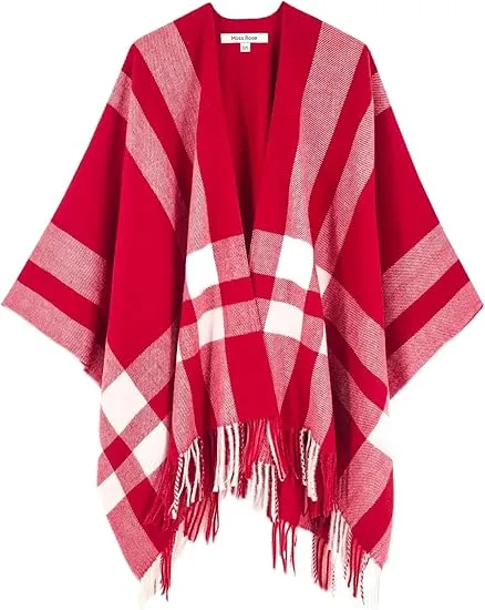 Light Red Winter Chic Plaid Poncho Cardigan