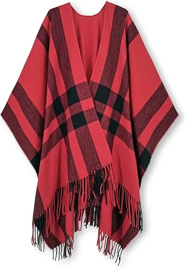 Light Red Winter Chic Plaid Poncho Cardigan