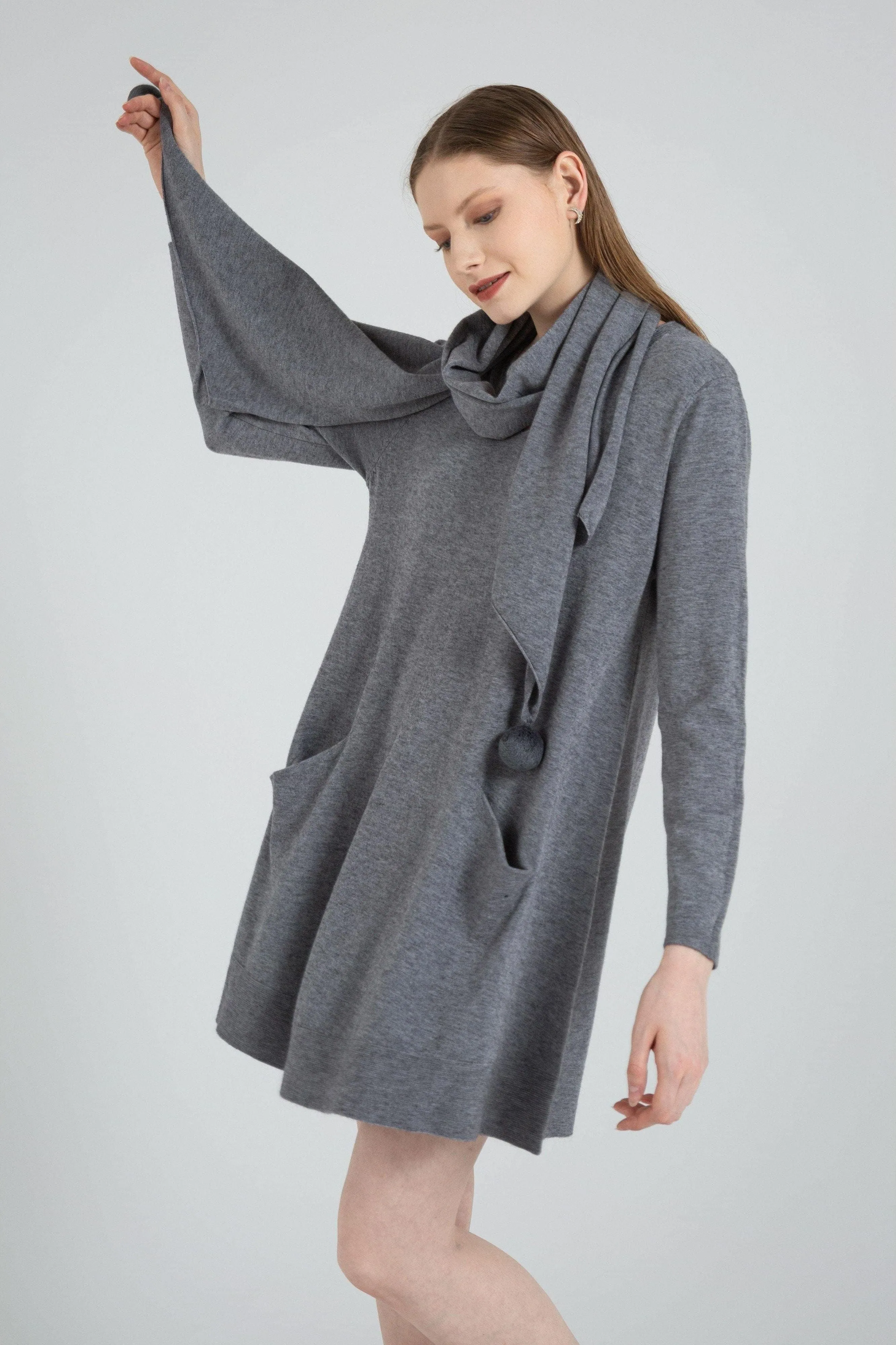 Long Sleeve Casual Soft Sweater Dress   Scarf