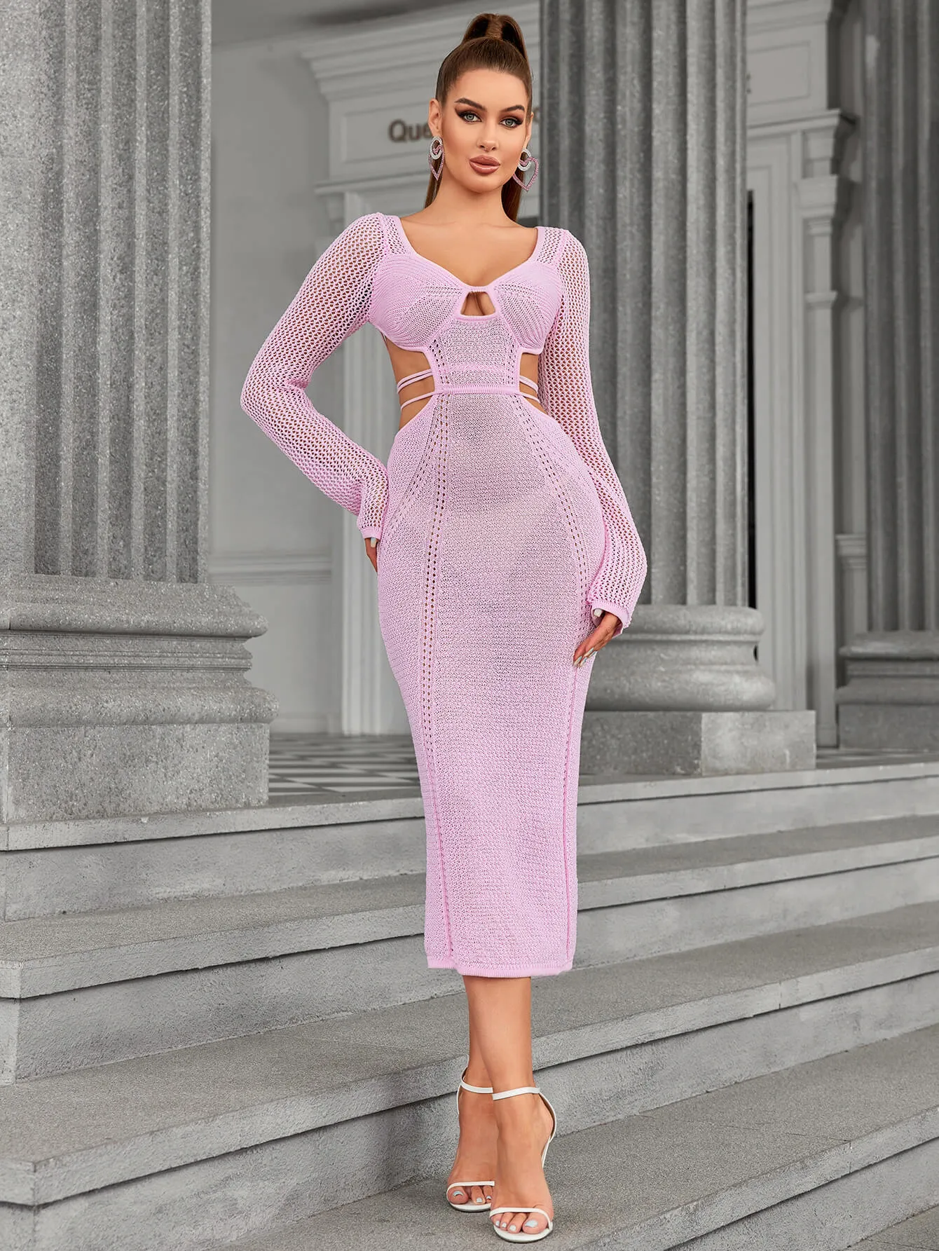 Long Sleeve Cut Out Tie Backless Sweater Dress