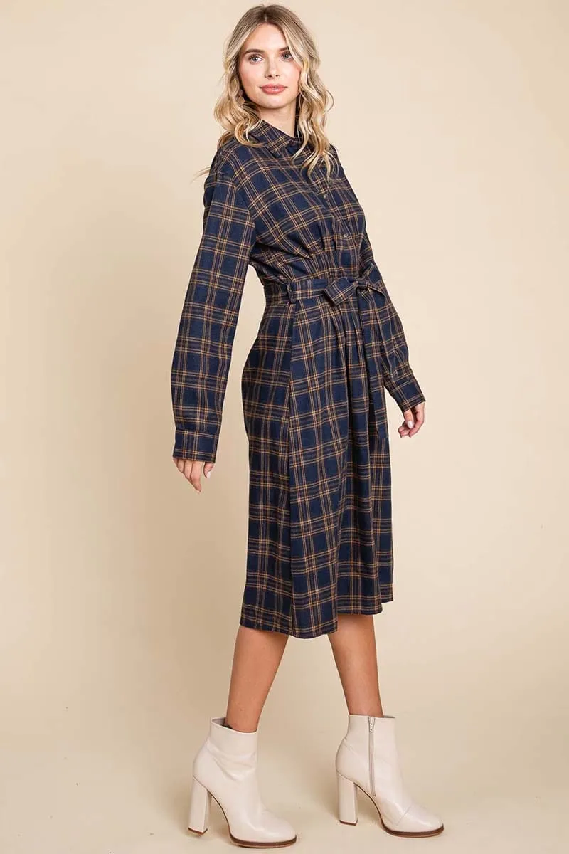 Long Sleeve Plaid Belted Flannel Shirt Dress