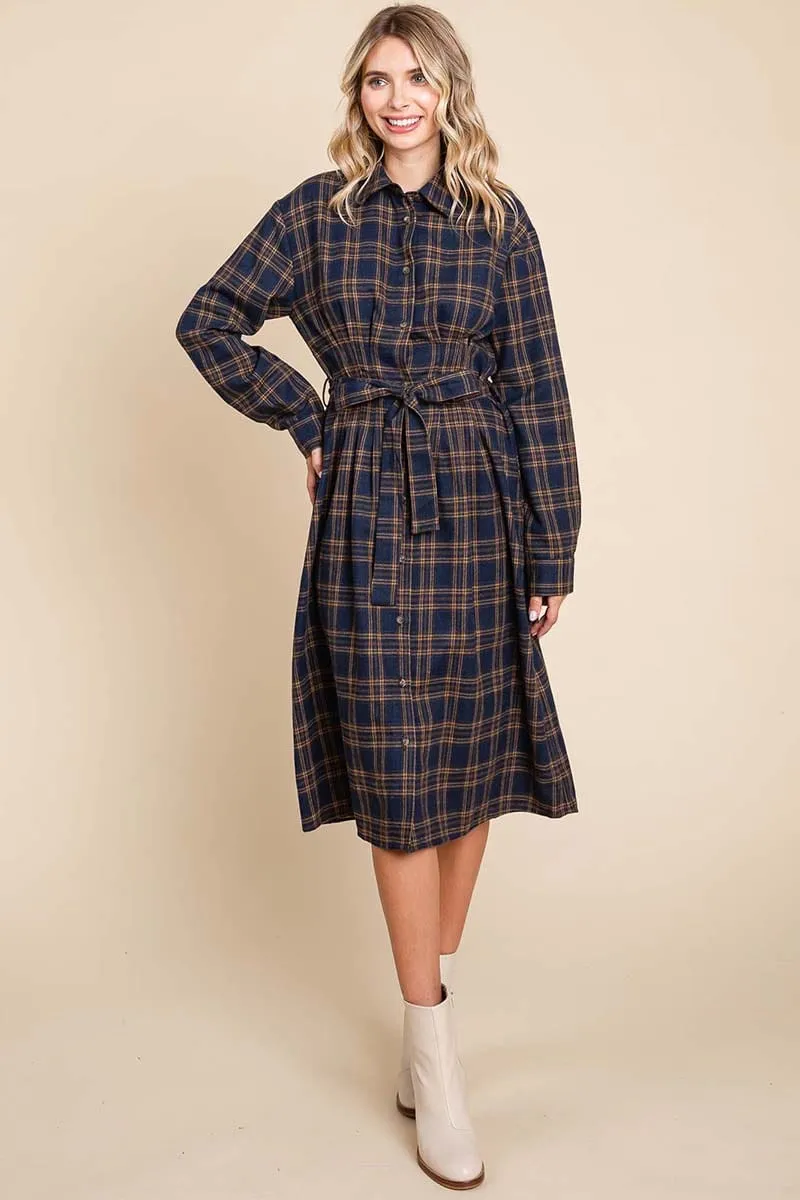 Long Sleeve Plaid Belted Flannel Shirt Dress