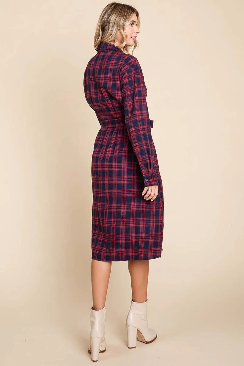 Long Sleeve Plaid Belted Flannel Shirt Dress